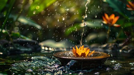 Wall Mural - Tranquil water fountain with orange flower and droplets