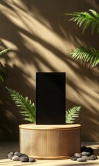 Sticker - A black box is on a wooden pedestal with a plant behind it