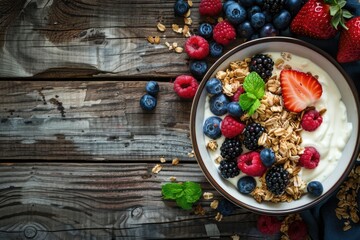 Poster - Bowl of granola with Greek yogurt and berries on rustic wooden table,