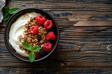 Poster - Bowl of granola with Greek yogurt and berries on rustic wooden table,