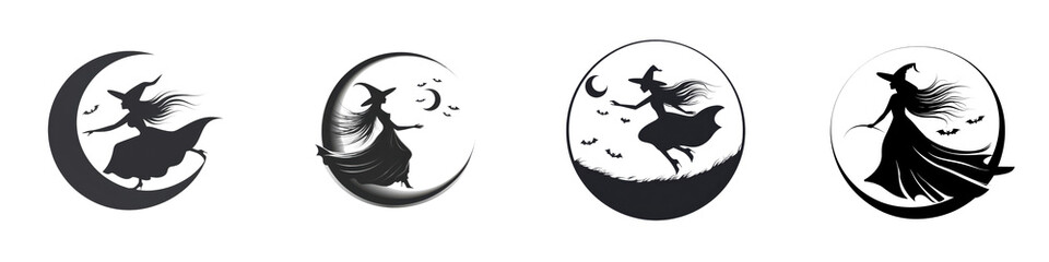 Wall Mural - four different witch illustrations with a witch flying on a moon