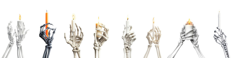 A group of skeletons holding candles and one of them has an orange candle