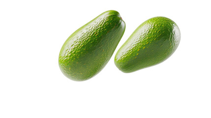 Two green avocados are shown in the air