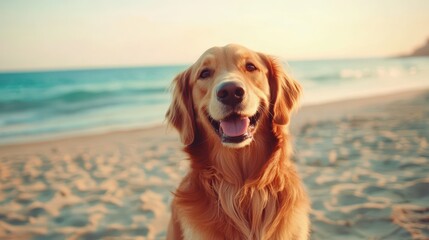 Poster - A happy golden retriever is standing on a beach, looking at the camera