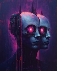 Wall Mural - A painting of two faces with glowing eyes and a blue background