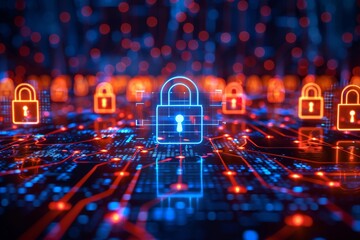 Canvas Print - Dynamic cyber network background with glowing red padlocks, emphasizing urgency in cybersecurity threats.