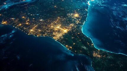 Canvas Print - A satellite photo of Panama at night showcases the vibrant city lights sprawling across the country. This view Panama's strategic position, defined by its control of the Panama Canal