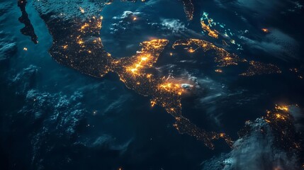 Canvas Print - A satellite photo of Panama at night showcases the vibrant city lights sprawling across the country. This view Panama's strategic position, defined by its control of the Panama Canal