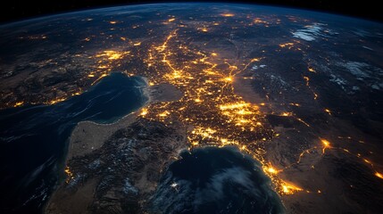 Canvas Print - A satellite photo of Palestine at night shows bright city lights scattered across the country, an important transport artery connecting Europe, Asia and Africa.