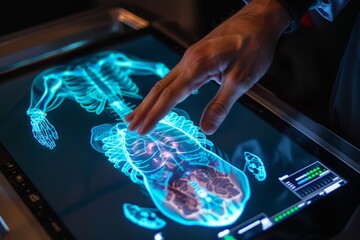 Sticker - A man is pointing at a skeleton displayed on a computer screen using holographic imaging technology, Holographic imaging technology for detailed and interactive medical diagnosis