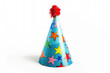 © kristina - Vibrant party hat adorned with colorful stars and a red pom-pom on top, isolated on a white background, perfect for celebrations.