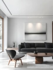 Wall Mural - A black couch and a chair are in a living room with a white wall