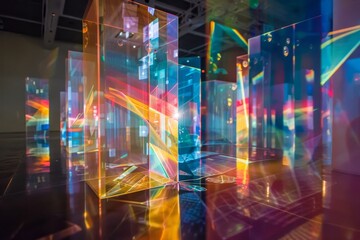 Poster - Vibrant holographic projections shimmering in a dark room, Holographic projections shimmering around the perimeter