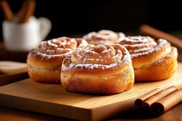 Wall Mural - A plate of cinnamon rolls with powdered sugar on top