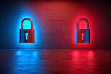 Poster - Red neon padlock projected on urban wall, depicting modern security measures in urban environments.