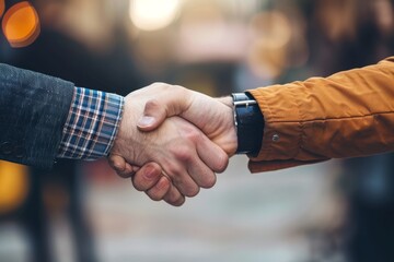 Poster - Two individuals performing a handshake gesture with a city backdrop, Honor the commitment and perseverance that has led to another work anniversary