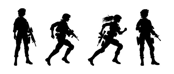 Female soldier in action silhouette black filled vector Illustration icon