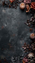 Wall Mural - flat lay photo of dark halloween background with candles, skull and flowers on the right side 