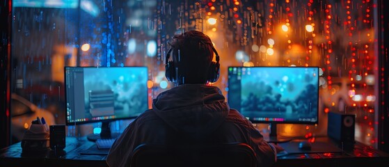 coder at dual monitors, red and blue lights, rainy night, intense focus