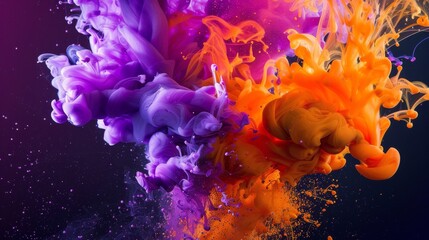 Wall Mural - experience a vibrant color explosion witness the dance of purple and orange ink in clear water