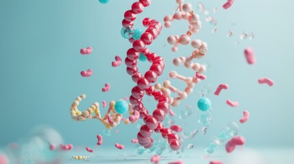 A colorful DNA double helix structure against a blue background with abstract shapes.