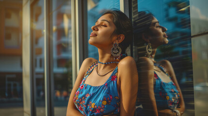 Canvas Print - happy woman, leaning sideways against the glass facade of a building, with reflection