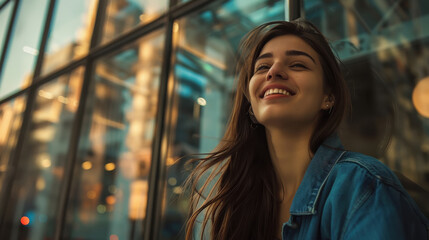 Wall Mural - happy woman, leaning sideways against the glass facade of a building, with reflection