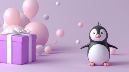 Sticker - A cartoon penguin stands next to a gift box with pink balloons on a pink background.