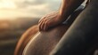 © Mind - A close-up of a hand resting on a saddle, capturing the bond between rider and horse in a serene sunset landscape.