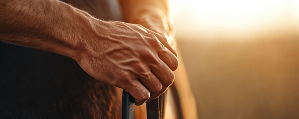 Close-up of a strong hand resting on a railing, showcasing intricate veins and warm, natural light in the background.