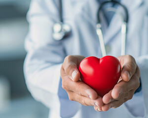 A caring doctor holds a red heart symbol, representing love and compassion in healthcare and patient care.