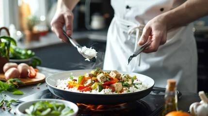 Conceptual image of a chef preparing a stir-fry dish with vegetables and tofu served over steamed rice, showcasing healthy rice recipes.