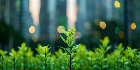 vibrant green shoots growing in urban setting with blurred background of city buildings and bokeh lights - nature and growth in the city