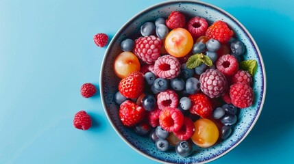 Wall Mural - Bowl of assorted fresh berries on blue background