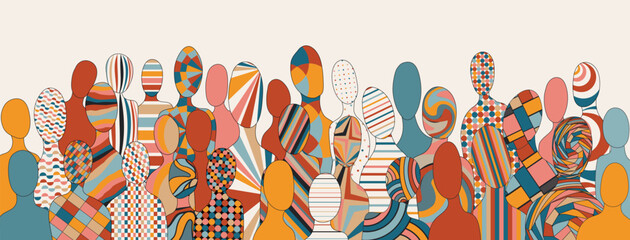 Poster - Abstract silhouettes front view with geometric figures of diverse people. Racial Equality Diversity Inclusion concept. Gender Equality. Mixed. Community diverse culture. Banner