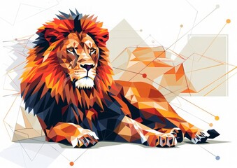 Wall Mural - Digitally rendered illustration of majestic lion in polygonal style, lying down with its paws outstretched. Image features geometric background with subtle lines