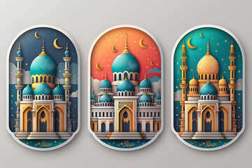 Wall Mural - Isolated papercut art for muslim holidays. Vector poster design with eid mubarak text meaning Blessed Festive and crescent, mosque ornament. 