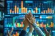 © ImagePulse - Business team highfiving with a backdrop of profit charts, symbolizing team success, photorealistic, business profits