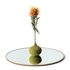 Poster - Orange pincushion Protea in a round green vase on a shiny tray design element