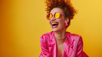 Wall Mural - Happy optimistic woman in colorful clothes isolated on yellow background