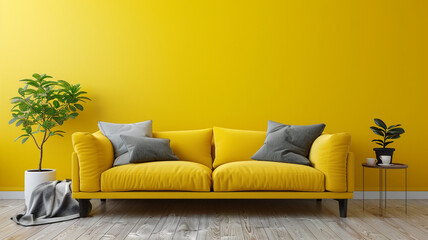 Wall Mural - living room with modern furniture and yellow walls interior scandinavian design, wall mockup