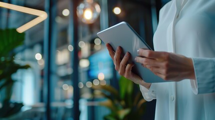 A business professional analyzing inventory data on a digital tablet in a modern office.