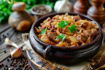 Wall Mural - Bigos a traditional Polish dish of sauerkraut. Cabbage stew.