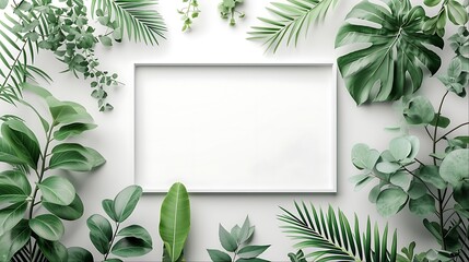 Wall Mural - White background with green leaves and a white frame.