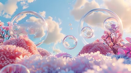 Sticker - A whimsical scene with pink flowers and transparent orbs against a blue sky.