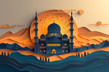 Wall Mural - Grand mosque's door or window reveal the underneath navy color background with moon.