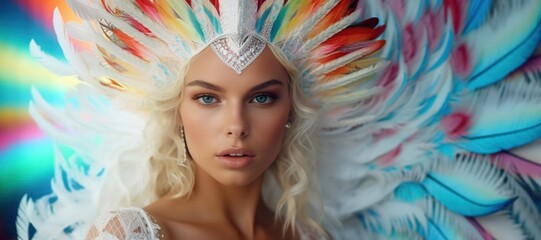 A beautiful woman in the psychedelic rainbower goddess beauty white holy fashion dessous style background, ai generated