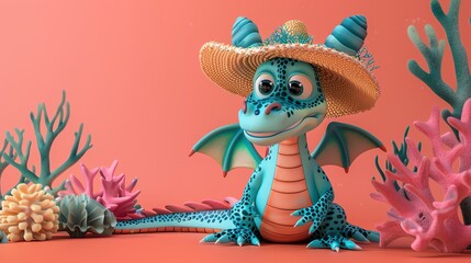 Sticker - A cute cartoon dragon wearing a straw hat.