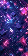 Wall Mural - purple and blue circuit board with glowing neon lights and computer chips