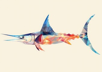 Wall Mural - Digital illustration of a marlin fish rendered in a polygonal style. Fsh is depicted in shades of blue, orange, and red, swimming through the ocean waters